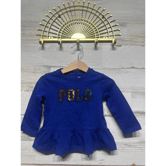 Ralph Lauren Peplum Top Girls 9M Royal Blue Plaid Logo Long Sleeve EUC0