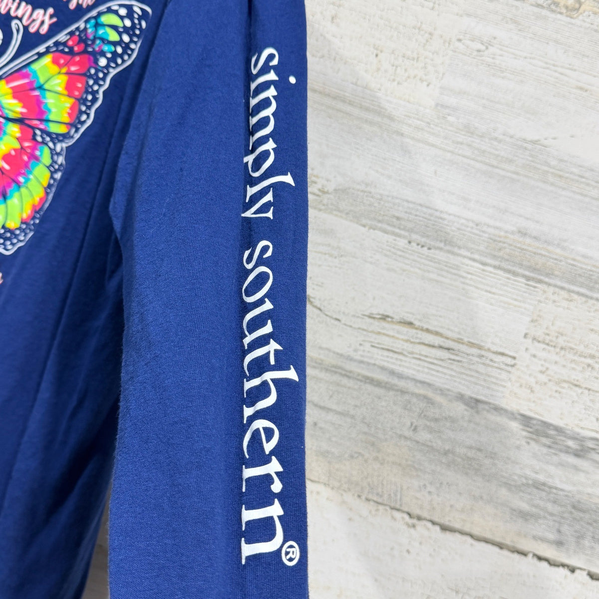 Simply Southern Long Sleeve Shirt Girls L Blue Butterfly Wings Preppy EUC5