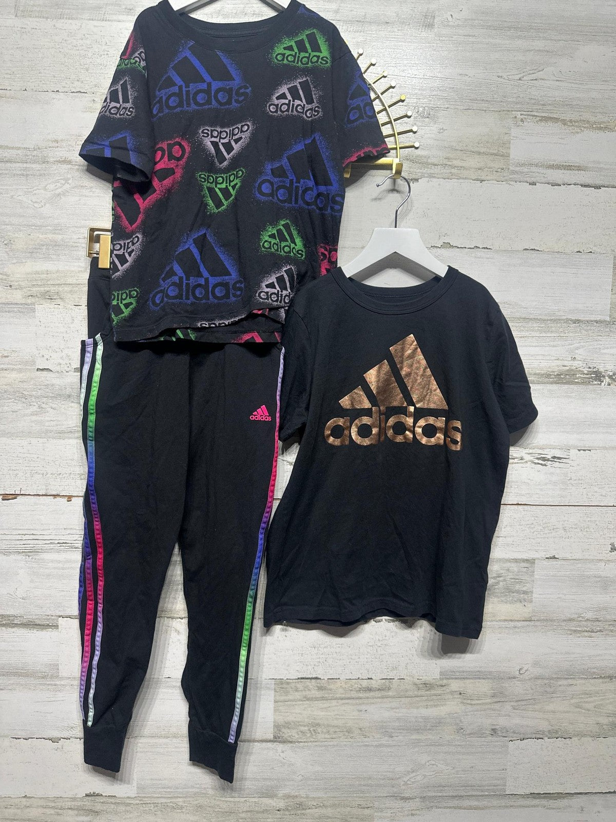 Adidas 3pc Outfit Set Girls Large 14 Black Neon Rainbow Metallic0