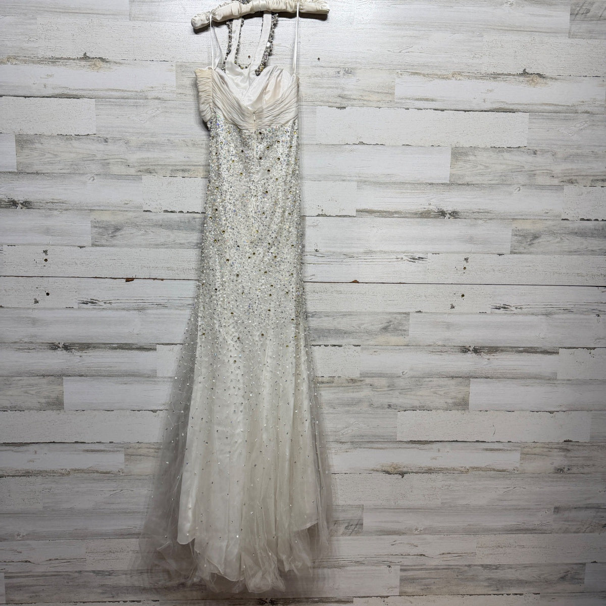 Jovani Prom Gown Women 4 White Beaded Sequin Mermaid Halter Glam *Flawed7