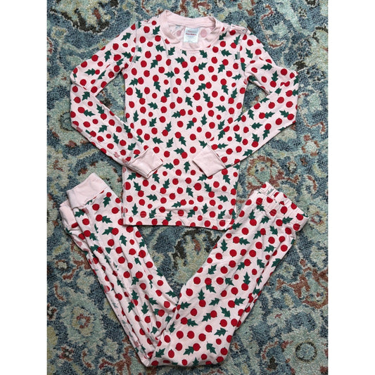 Hanna Andersson PJ Set Girls Size 6-7 Top / Size 8 Pants Holly Berry Soft EUC0