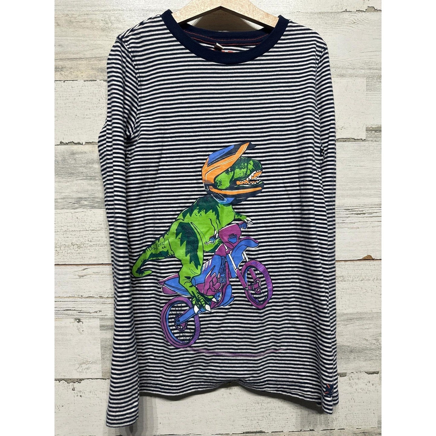 Joules Long Sleeve Shirt Boys 11/12 Navy Striped T-Rex Dirt Bike Graphic EUC0