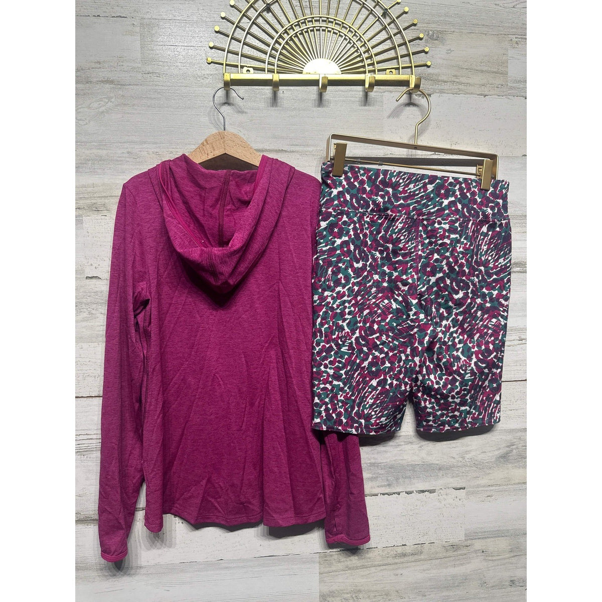 BCG Activewear Set Girls 12/14 Magenta Hoodie and Patterned Bike Shorts EUC2