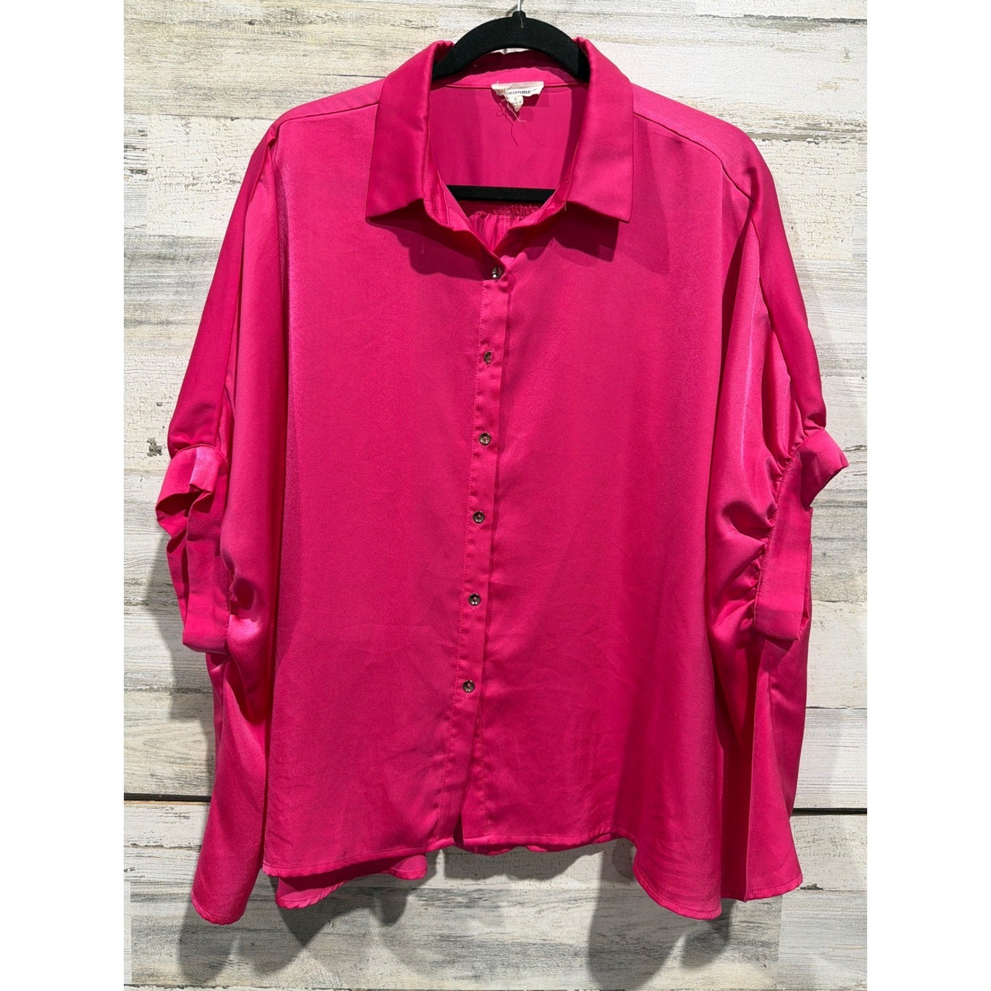 Ee:Some Satin Button Down Shirt Women Small Hot Pink Oversized Ruched Sleeve EUC0