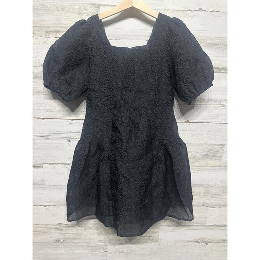 GB Girls Puff Sleeve Mini Dress Girls Size 12 Black Floral Textured Cloqué EUC0