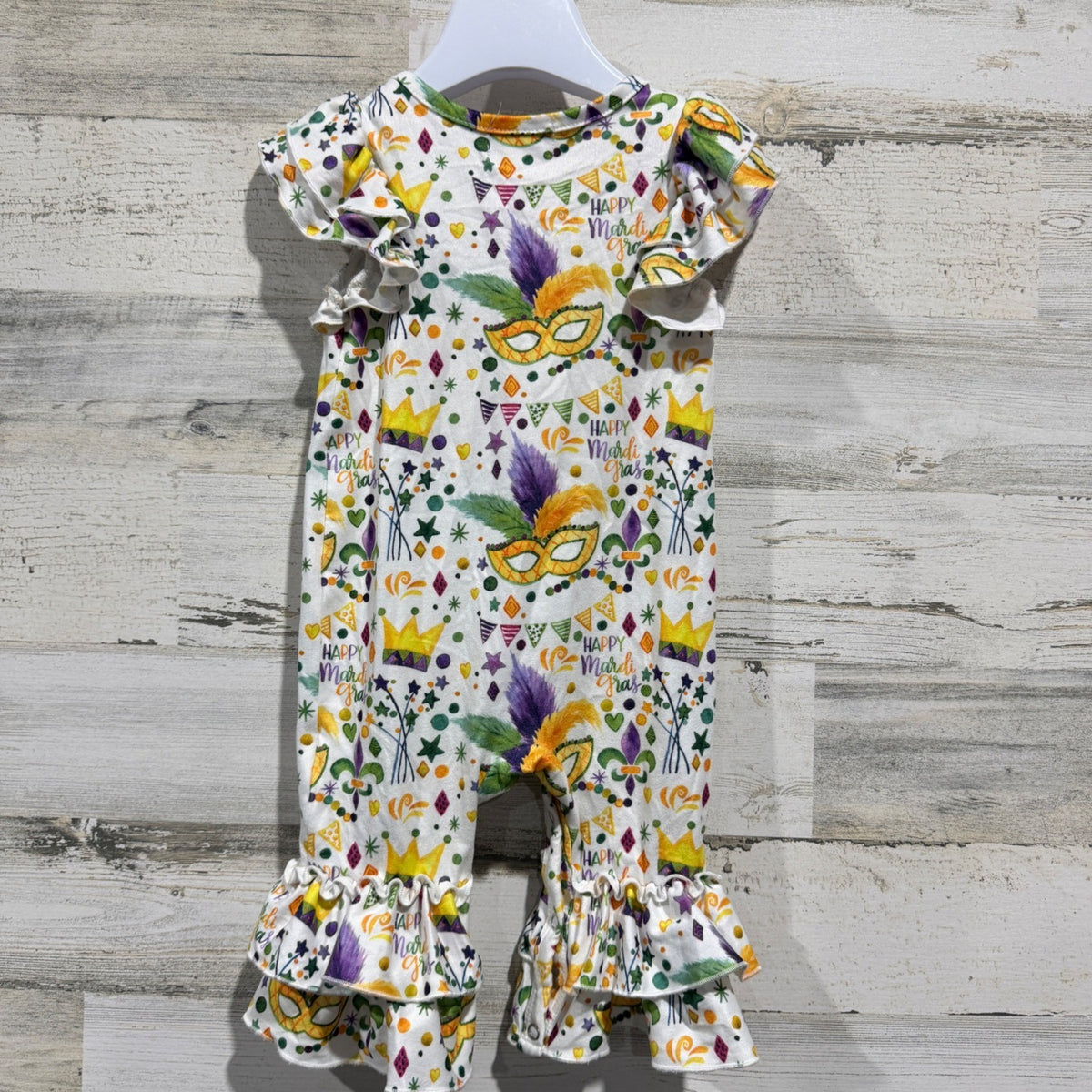 Clover Cottage Mardi Gras Ruffle Romper Girls 6-12M White Festive EUC3