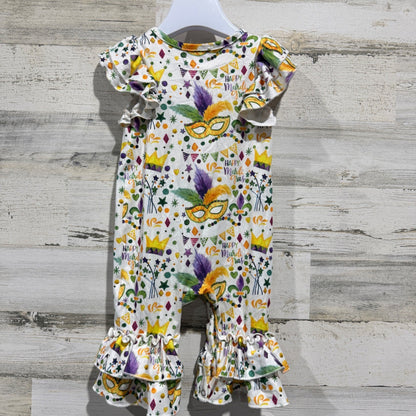 Clover Cottage Mardi Gras Ruffle Romper Girls 6-12M White Festive EUC3