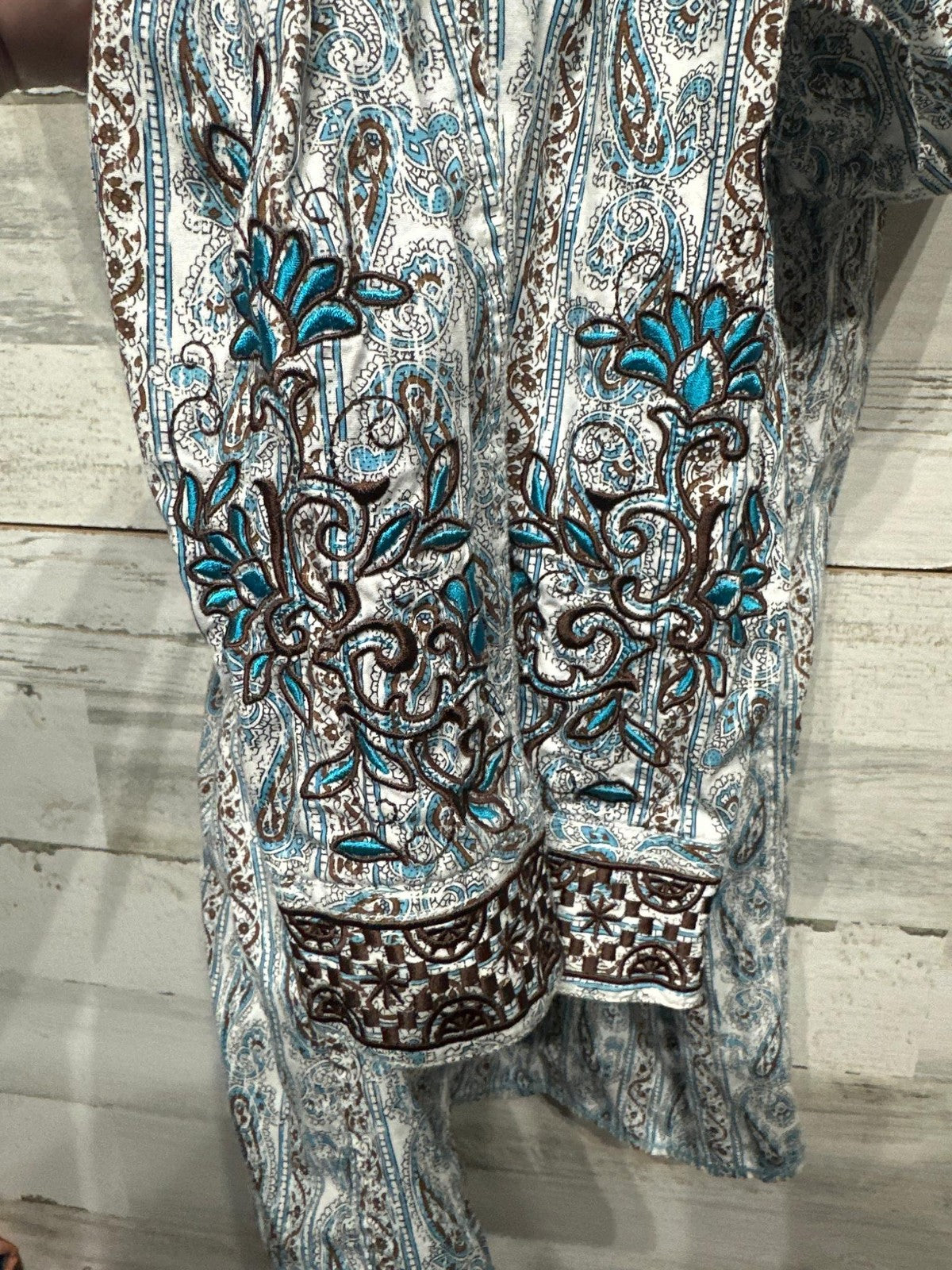 Panhandle Rough Stock Western Shirt Mens M Blue Paisley Embroidered Snap EUC2