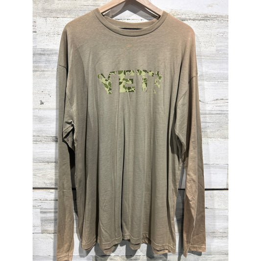 Yeti Long Sleeve T-Shirt Men XXL Tan Camo Logo Gorpcore *Flawed*0