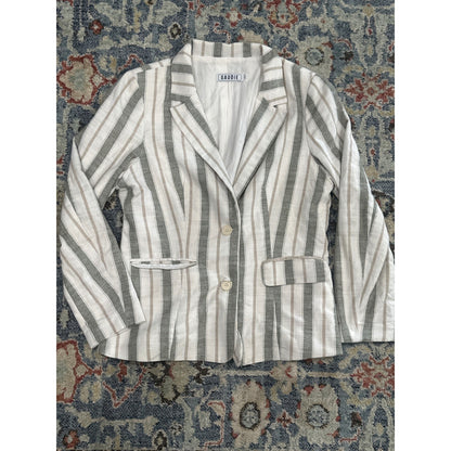Gaudie Striped Blazer Women Large White Grey Tan Coastal Interview Two Button0