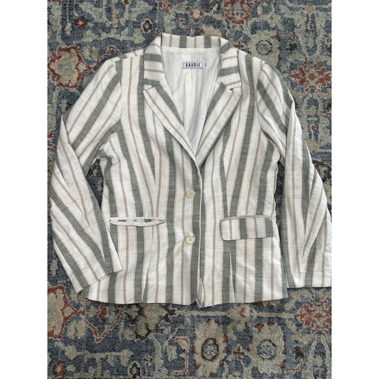 Gaudie Striped Blazer Women Large White Grey Tan Coastal Interview Two Button0