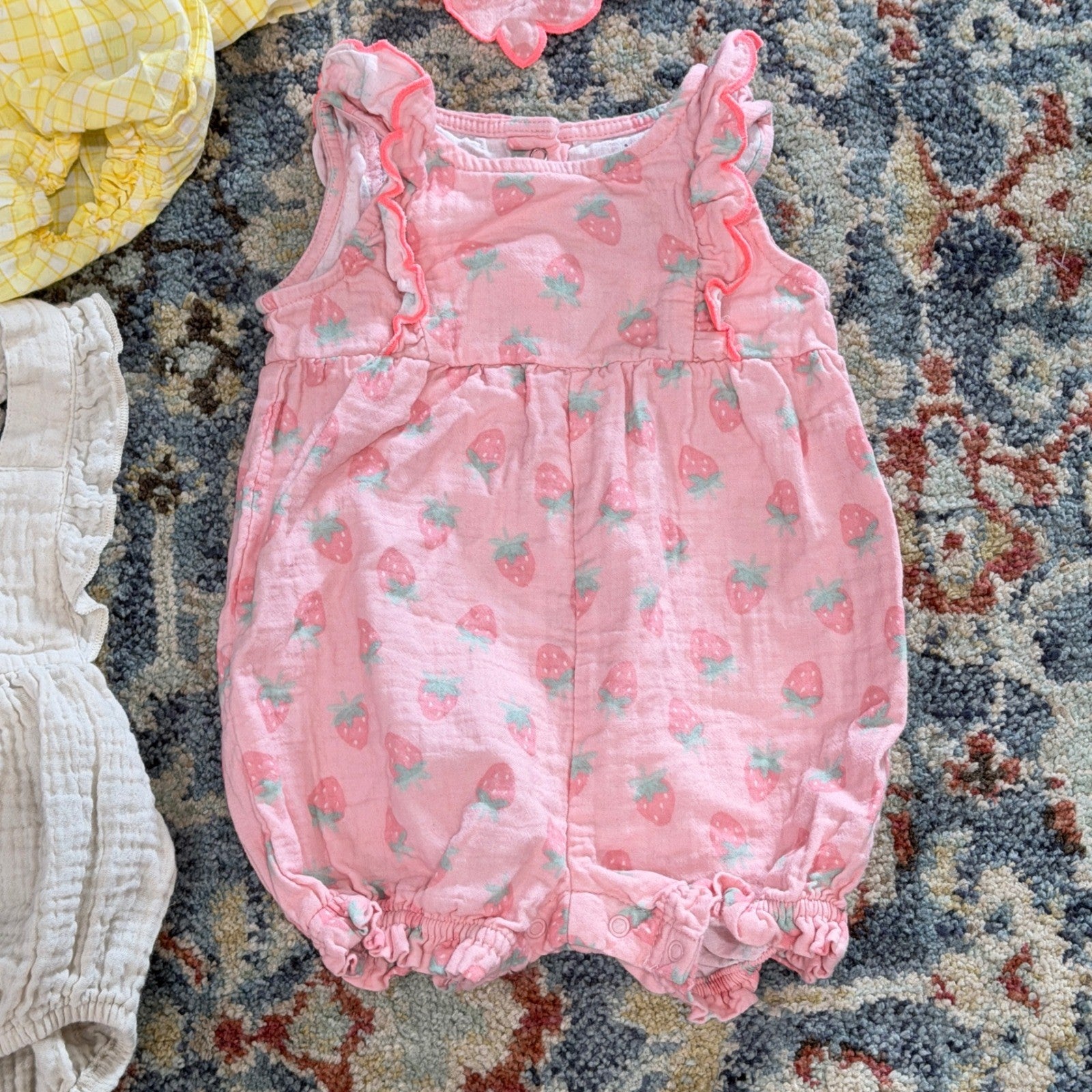 Baby Gap Burts Bees Cloud Island Girls 3-6M Yellow Pink Cream Romper Bundle EUC4
