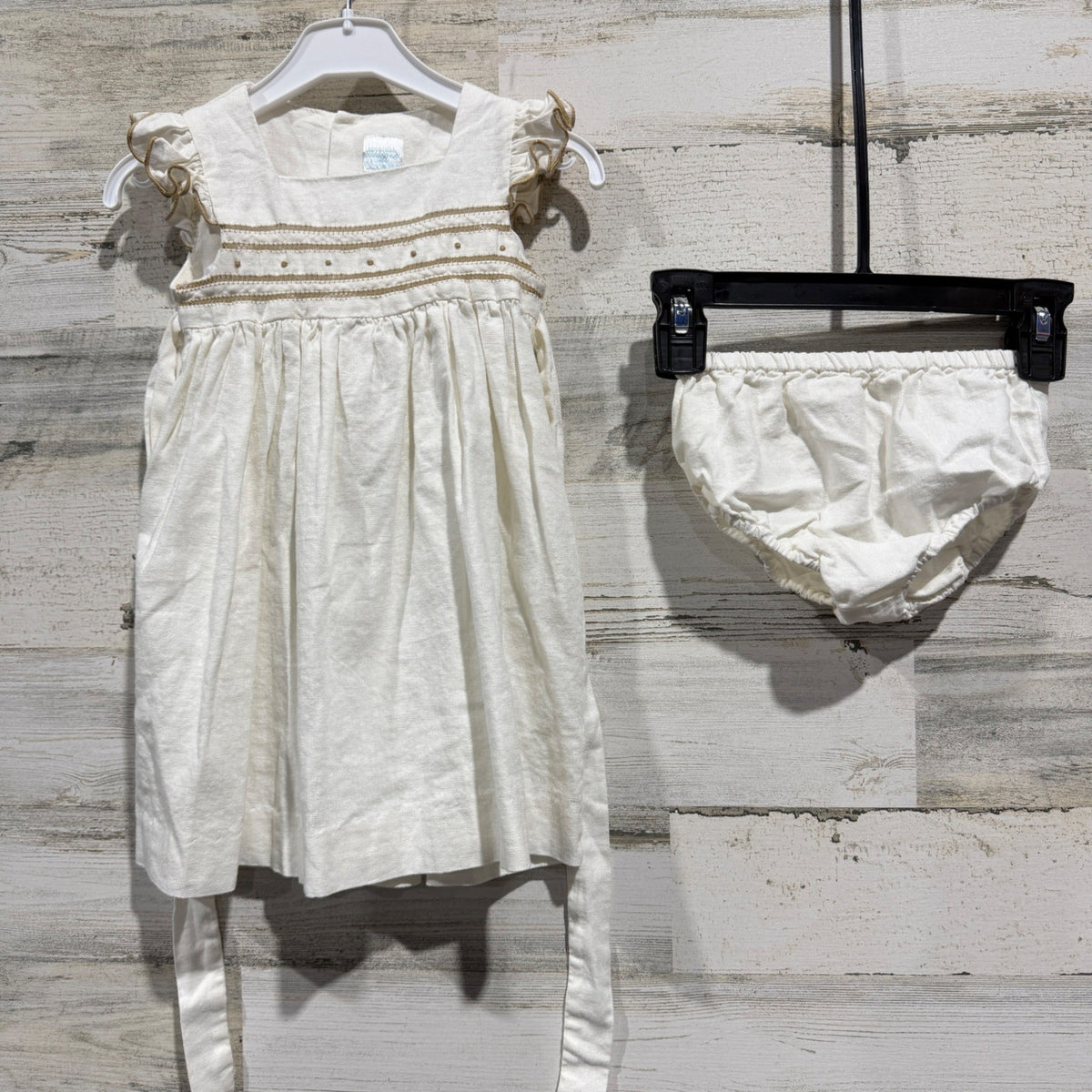 Edgehill Collection Smocked Dress Set Girls 18M Cream Linen Cotton Heirloom EUC0