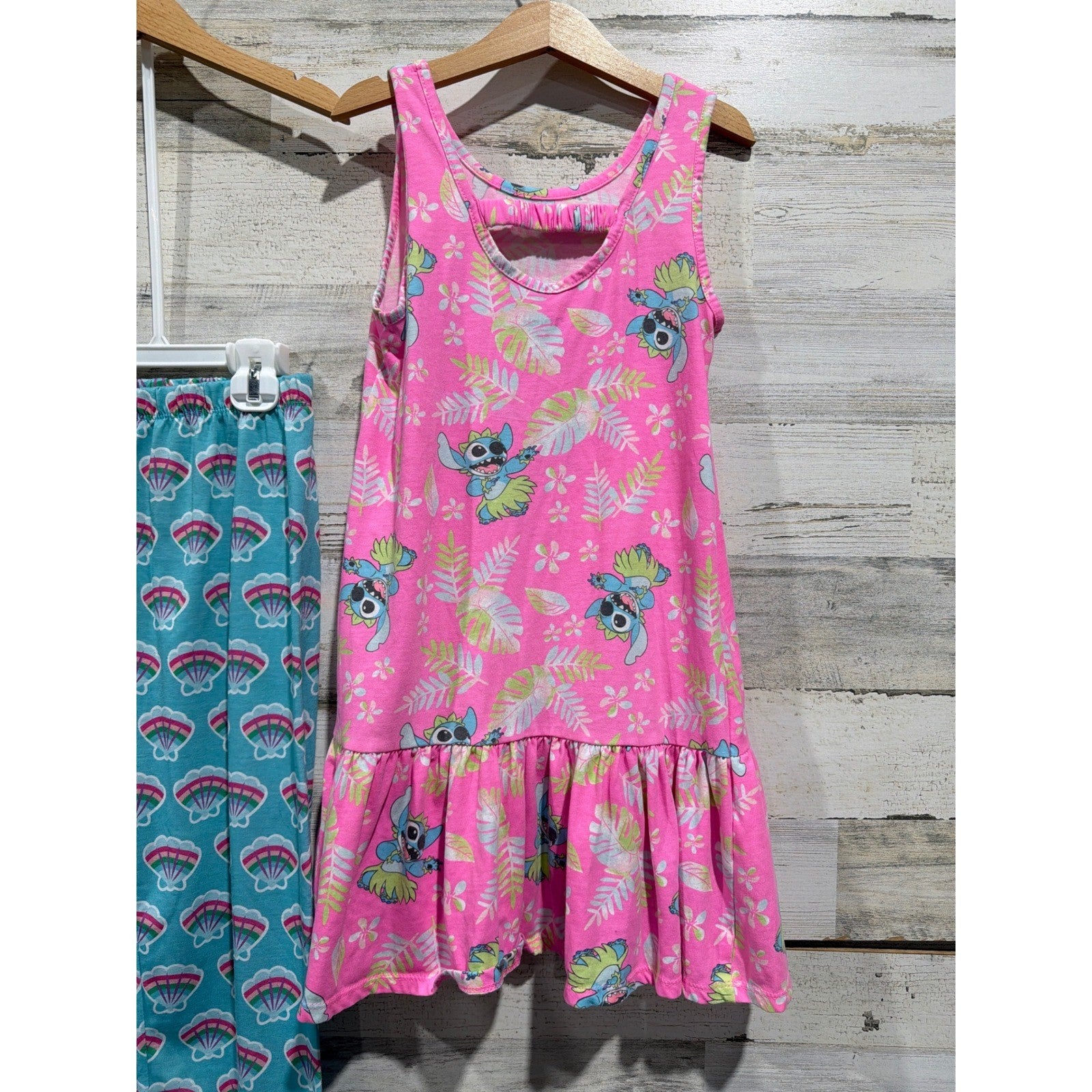 Disney Pajamas Dress Girls 7/8 Teal Pink Ariel Stitch Mermaidcore EUC4