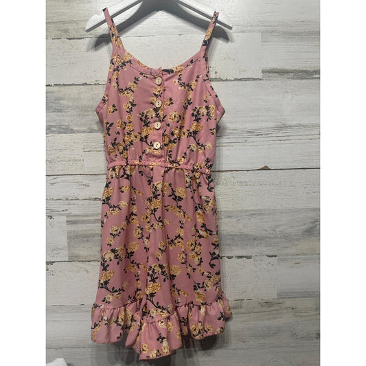 Floral Romper Girls 8/9 Pink Yellow Rose Ruffle Button EUC0