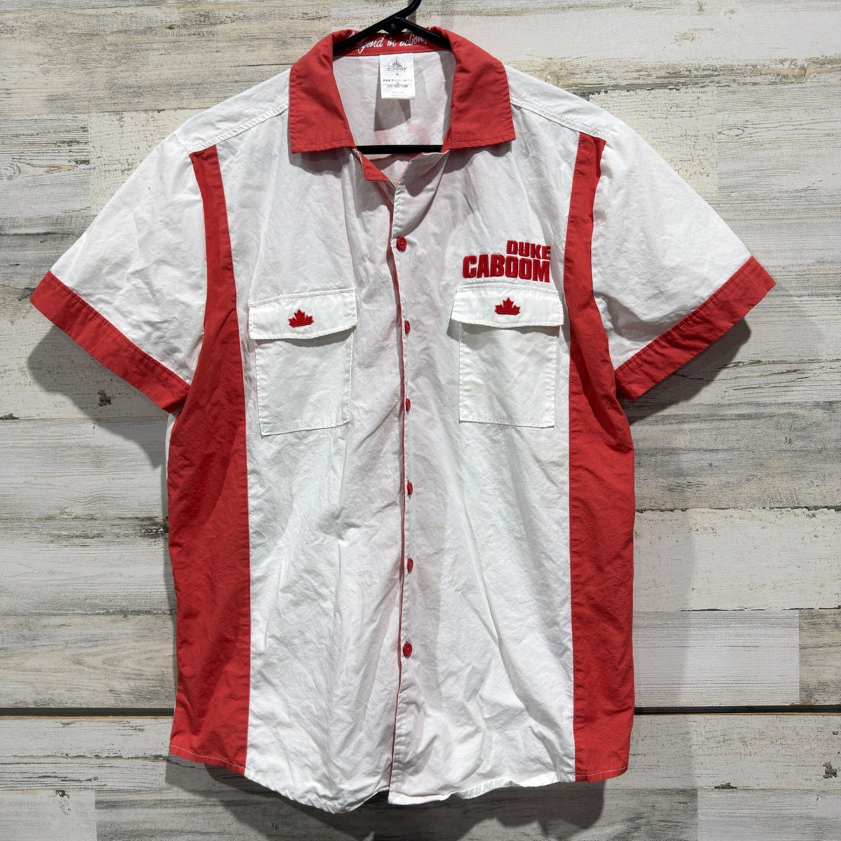 Disney Duke Caboom Bowling Shirt Mens M White Red Cotton Toy Story 4 Flawed*0