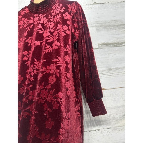 Matilda Jane Floral Velvet Dress Girls 6 Burgundy Smocked Mock Neck EUC3