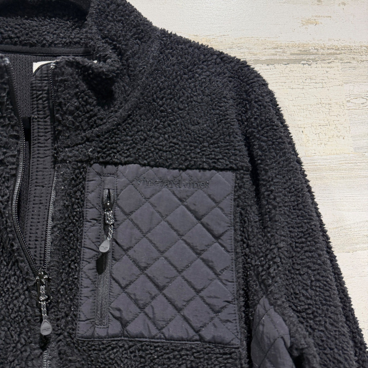 Vineyard Vines Sherpa Fleece Jacket Women Large Black Quilted Mixed Media GUC*1