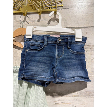 Old Navy Modern Moments Outfit Set Girls 5T Green Yellow Floral Denim Boho EUC3