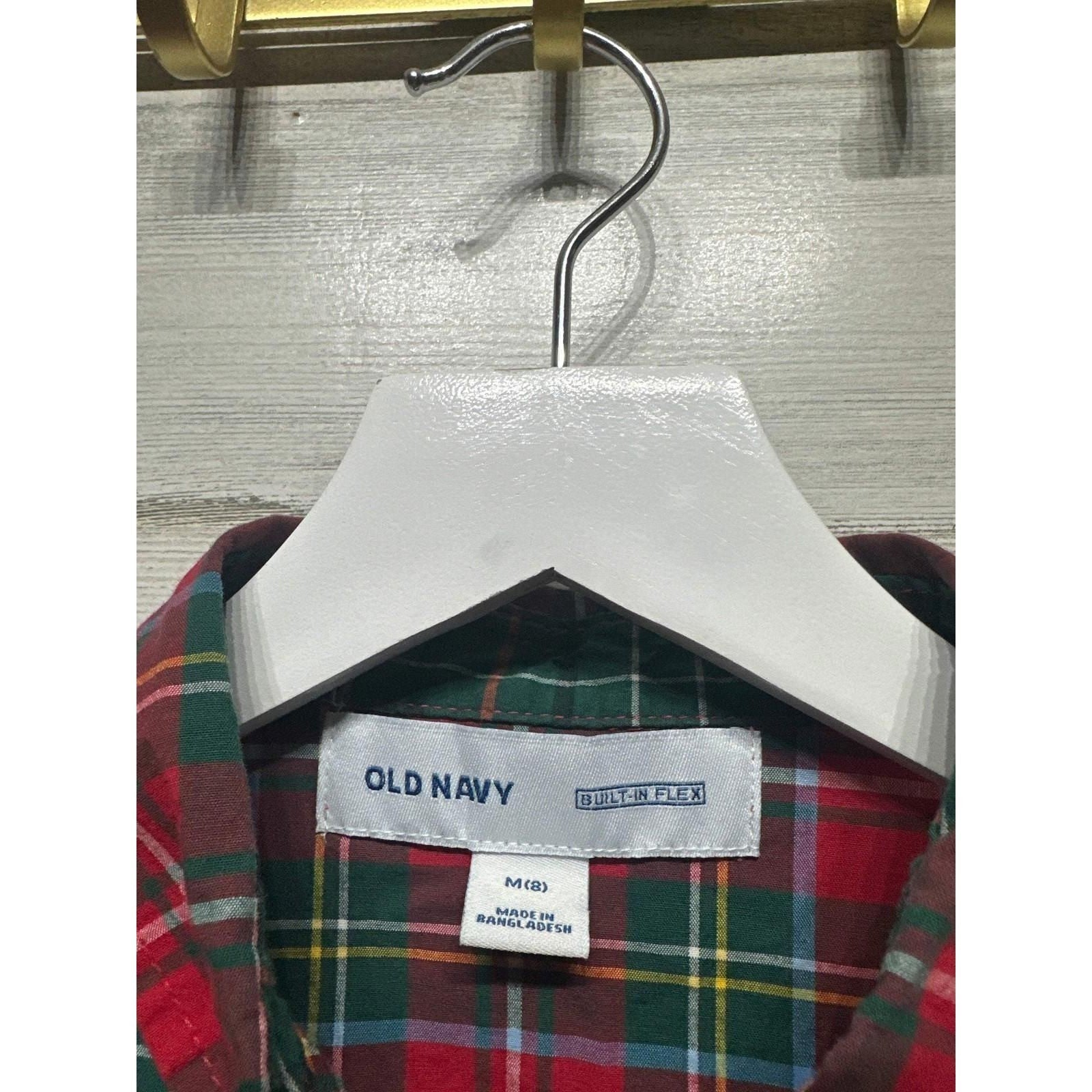 Old Navy Button Up Shirt Boys Size M 8 Red Holiday Plaid Built-in Flex EUC1