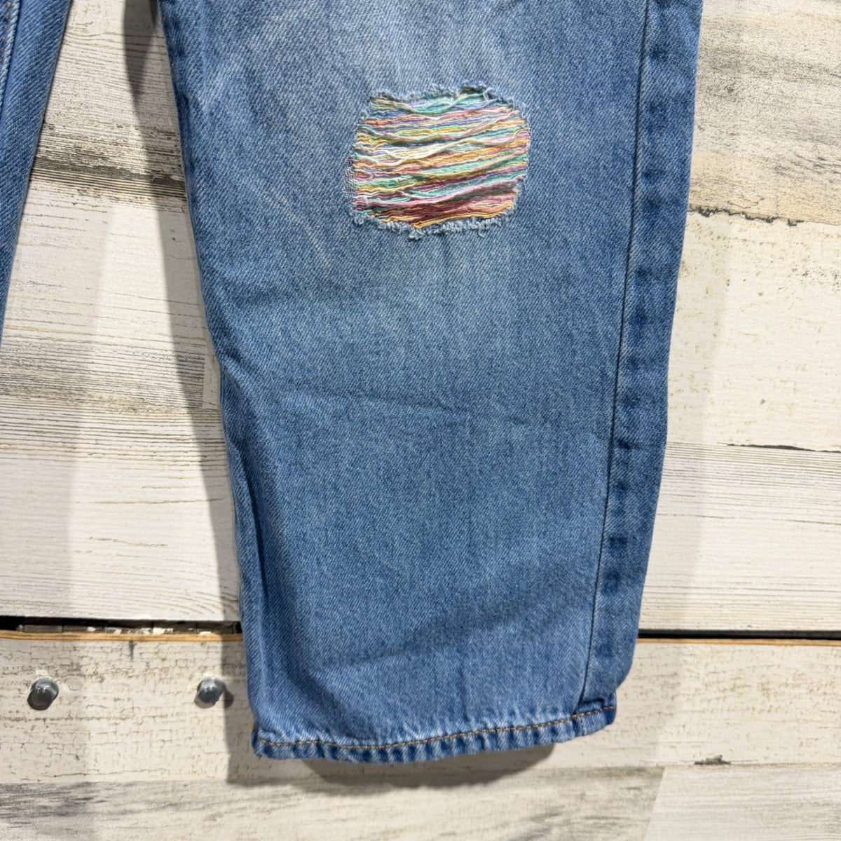Levi Wide Leg Jeans Girls Size 6 Blue 100% Cotton Distressed Rainbow Boho 90s3