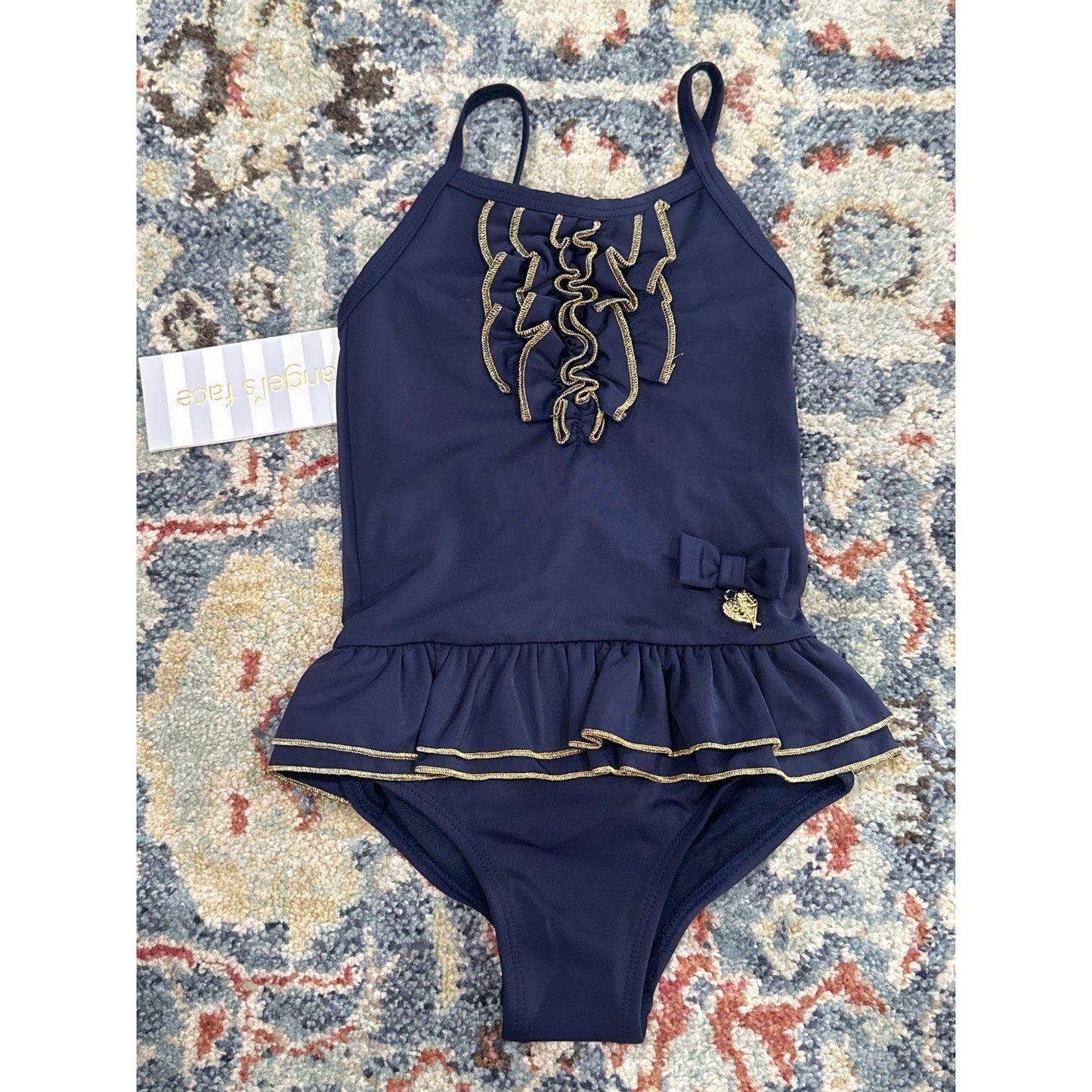 Angel's Face Swimsuit Girls 2-3 Navy Blue Gold Ruffle Bow NWT0