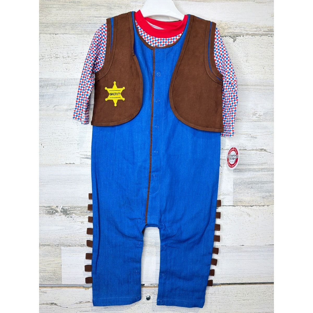 Stephan Baby Cowboy Sheriff Romper Boys 12-18M Blue Brown Western Woody Core NWT0