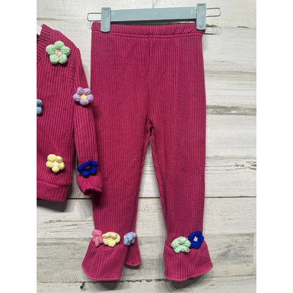 Boutique Knit Sweater Set Girls 2-3Y Magenta Flower Crochet Flare Pants *Flawed2