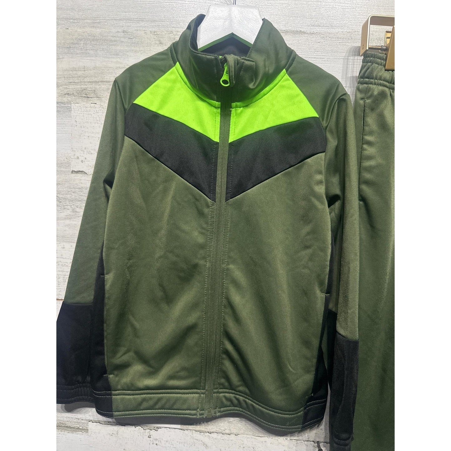 Athletic Works Tracksuit Boys Size 8 Olive Green Neon Colorblock EUC1