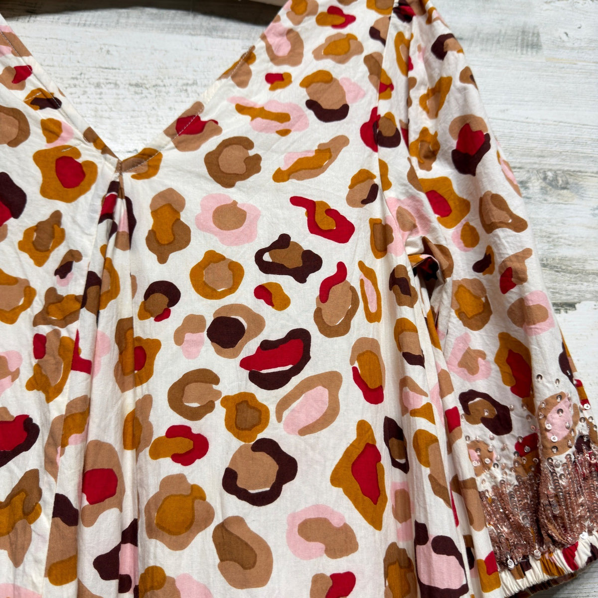Pink Chicken Midi Dress Women Small Tan Leopard Sequin Cuff Cotton Boho EUC5