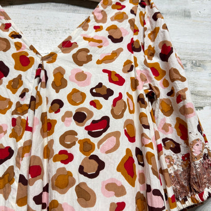 Pink Chicken Midi Dress Women Small Tan Leopard Sequin Cuff Cotton Boho EUC5