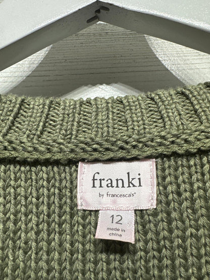 Franki Cable Knit Sweater Kids 12 Olive Green V-Neck Drop Shoulder EUC1