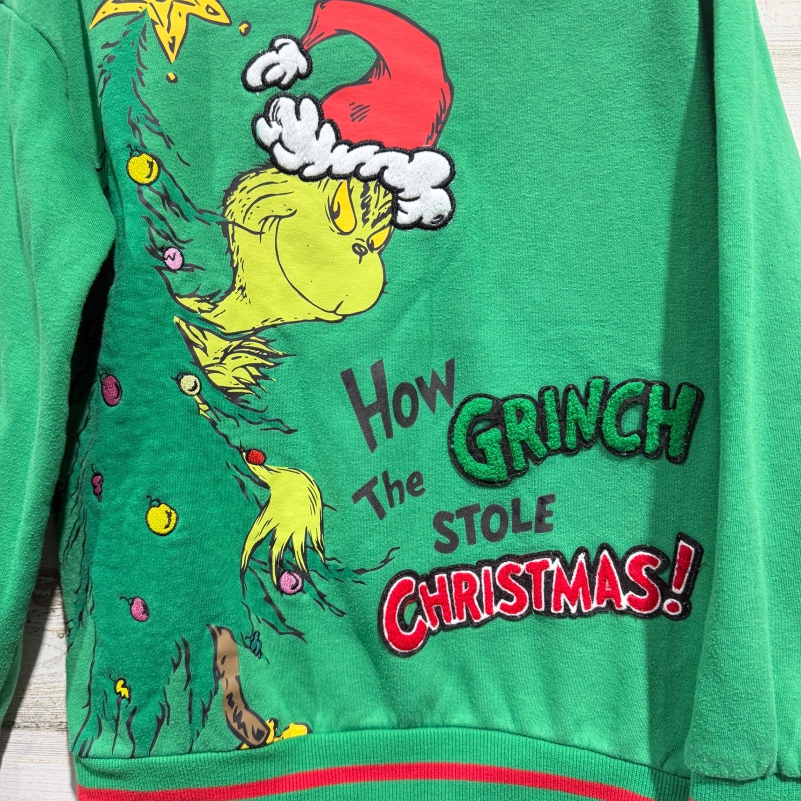 Dr. Seuss Grinch Sweatshirt Kids L 10/12 Green Christmas Graphic Holiday GUC1
