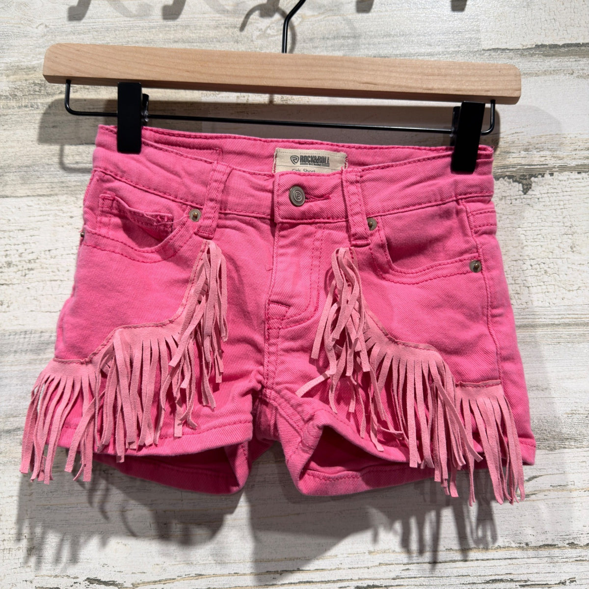 Rock & Roll Denim Fringe Shorts Girls 8 Pink Western Rodeo Cowgirl EUC0