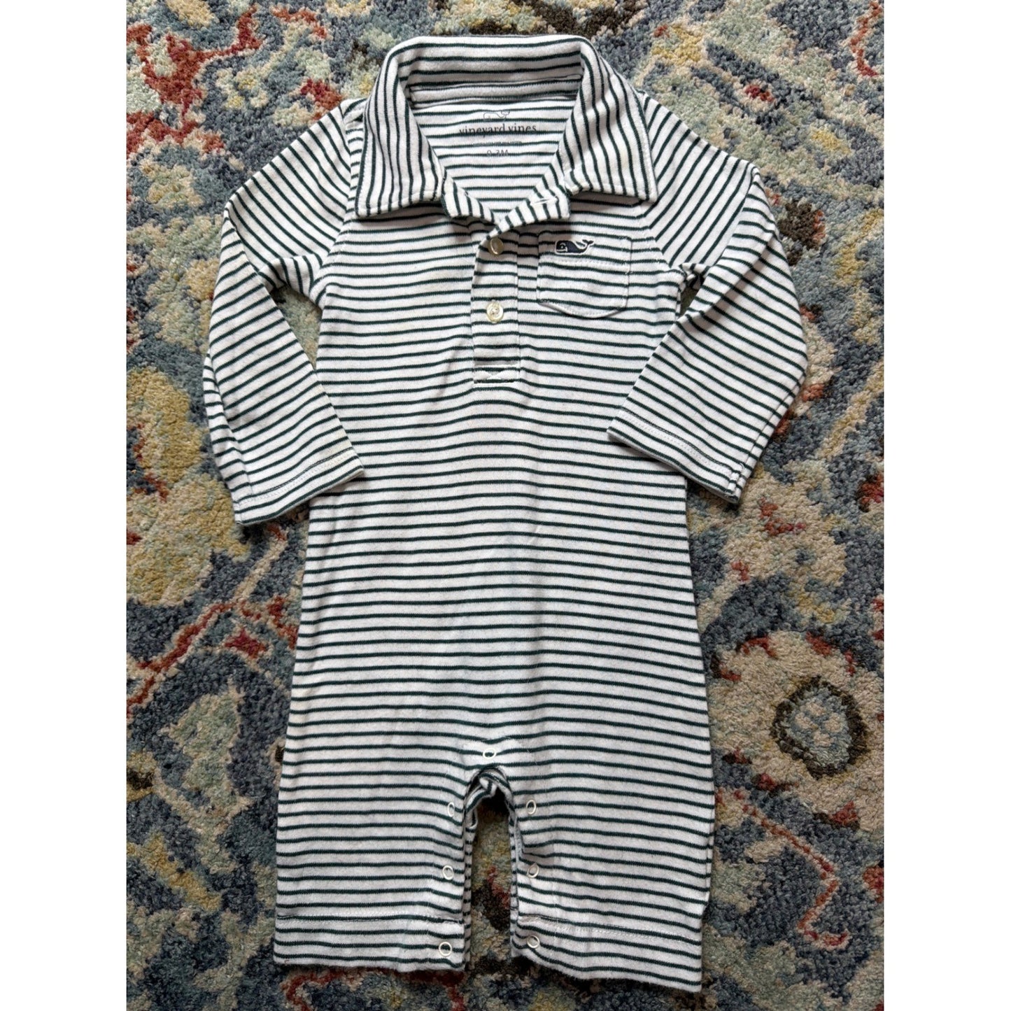 Vineyard Vines Romper Boys 0-3M Blue White Striped Pima Cotton Preppy0