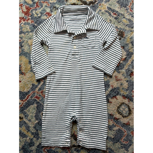 Vineyard Vines Romper Boys 0-3M Blue White Striped Pima Cotton Preppy0