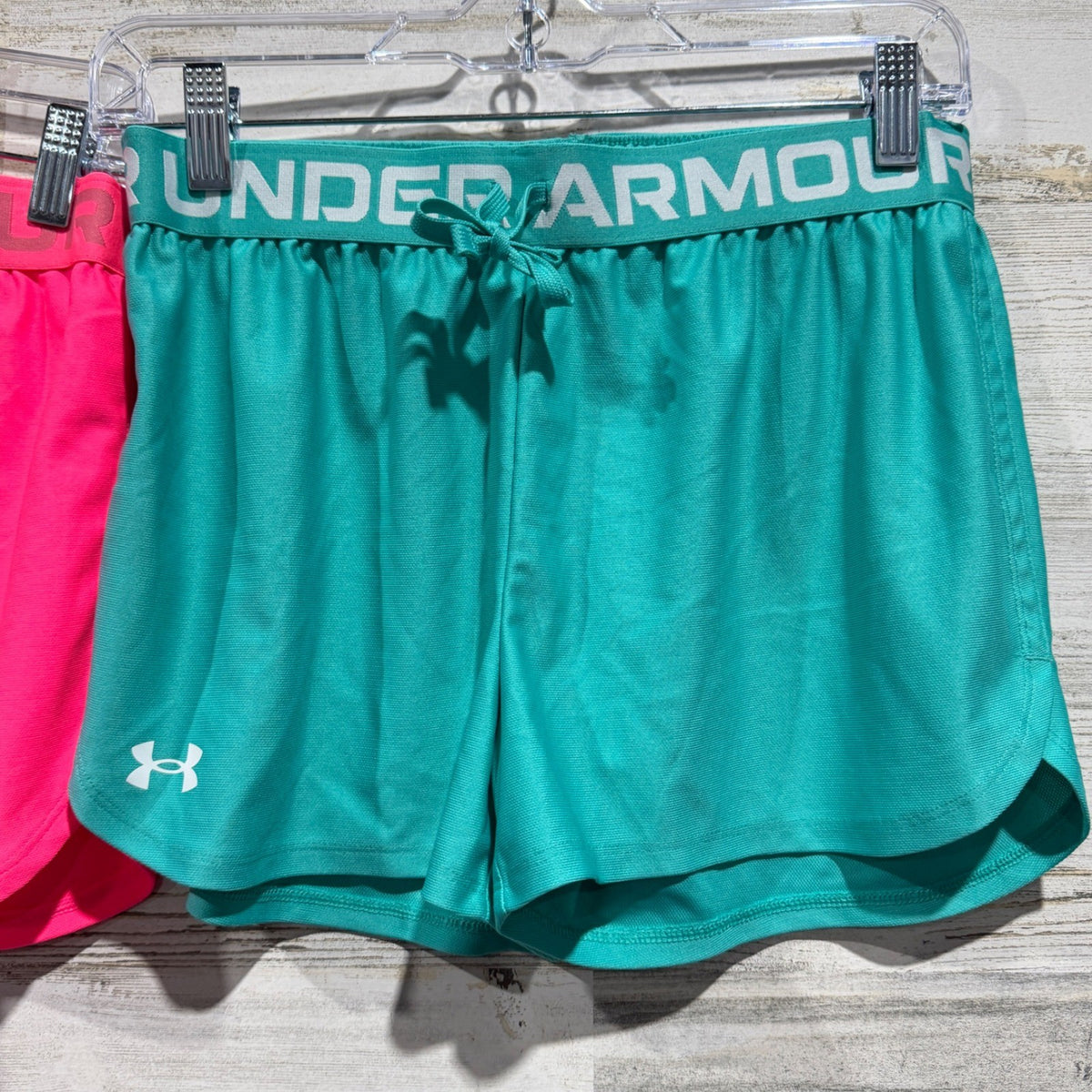 Under Armour Play Up Shorts Girls Large Pink Teal Polyester Athletic 2-Pack EUC1