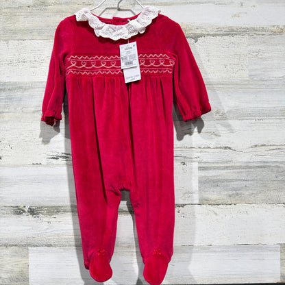 Next Footed Sleepsuit Baby Girls 6-9M Red Smocked Heart Velour Holiday NWT0