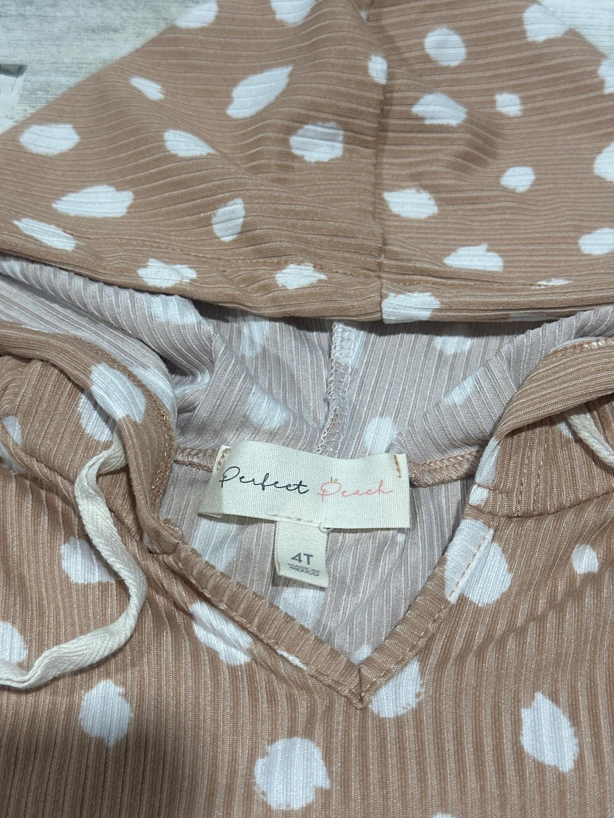 Perfect Peach Hoodie Dress Girls 4T Tan Polka Dot Ribbed Knit EUC1