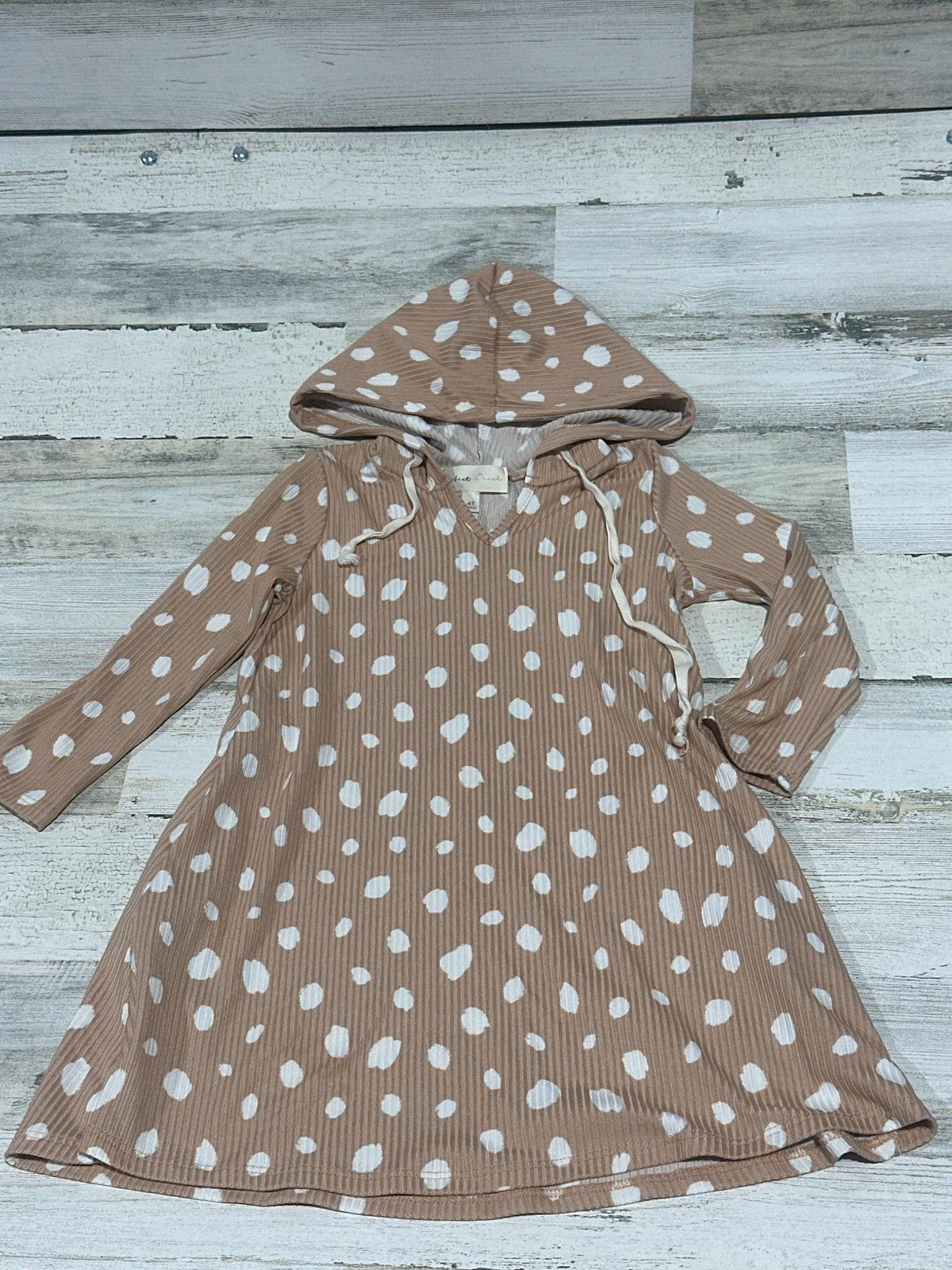 Perfect Peach Hoodie Dress Girls 4T Tan Polka Dot Ribbed Knit EUC0