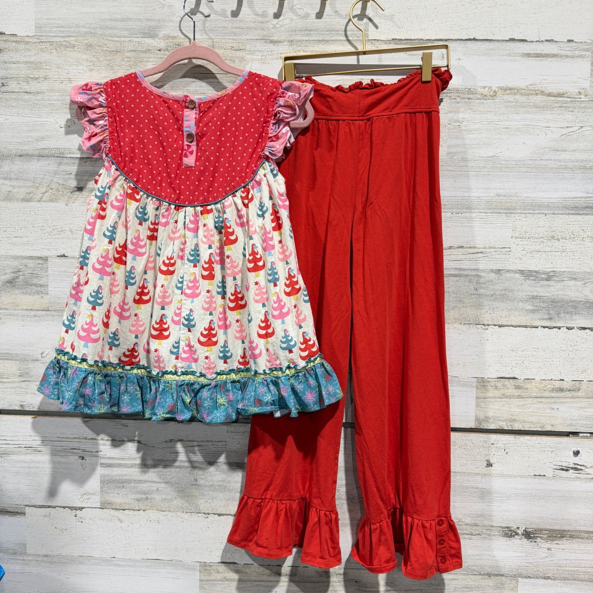 Matilda Jane Tunic Pants Set Girls 16Y Red Christmas Tree Ruffle Holiday EUC9