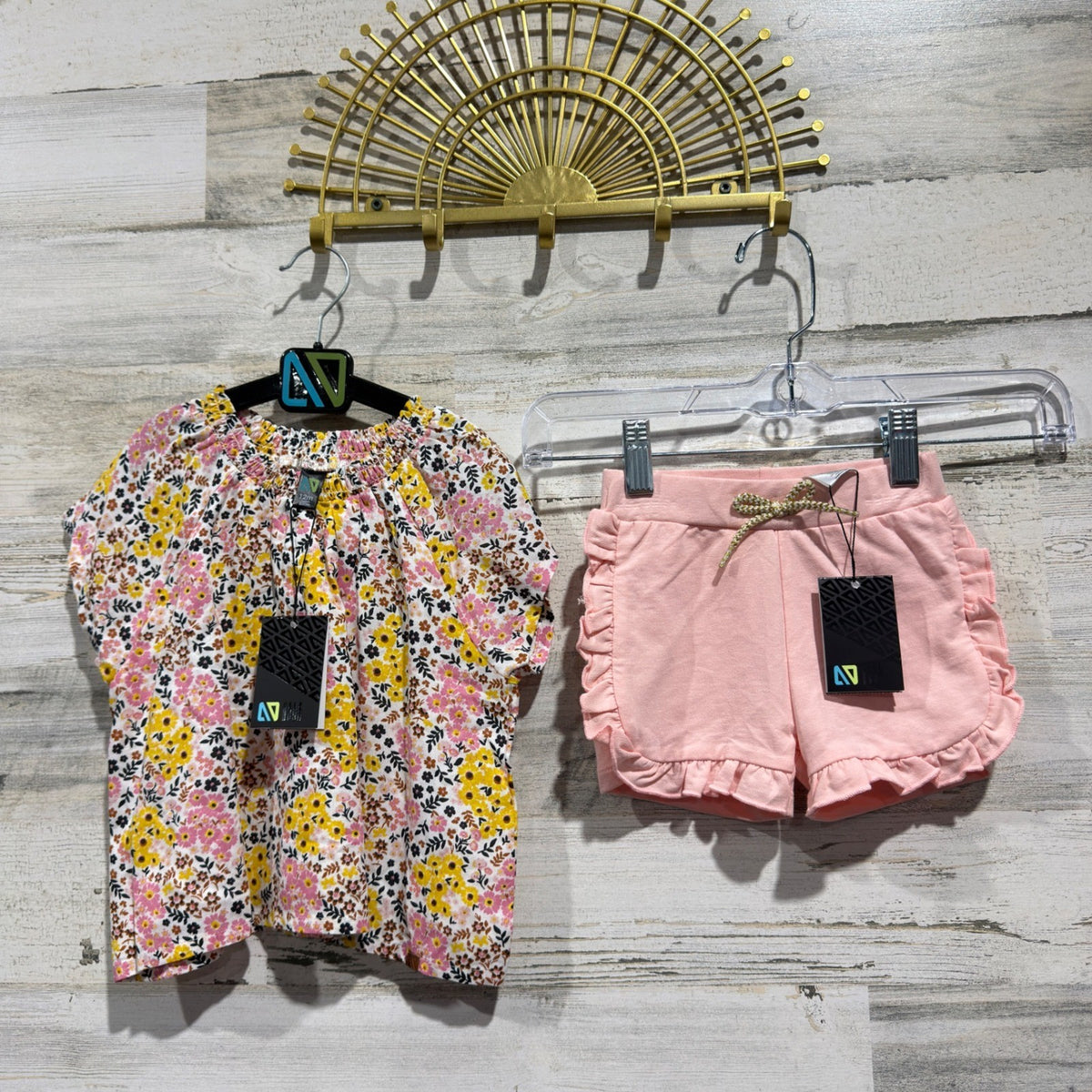 Nano Floral Top Ruffle Shorts Set Girls 12M Pink Yellow Cotton Boho NWT0