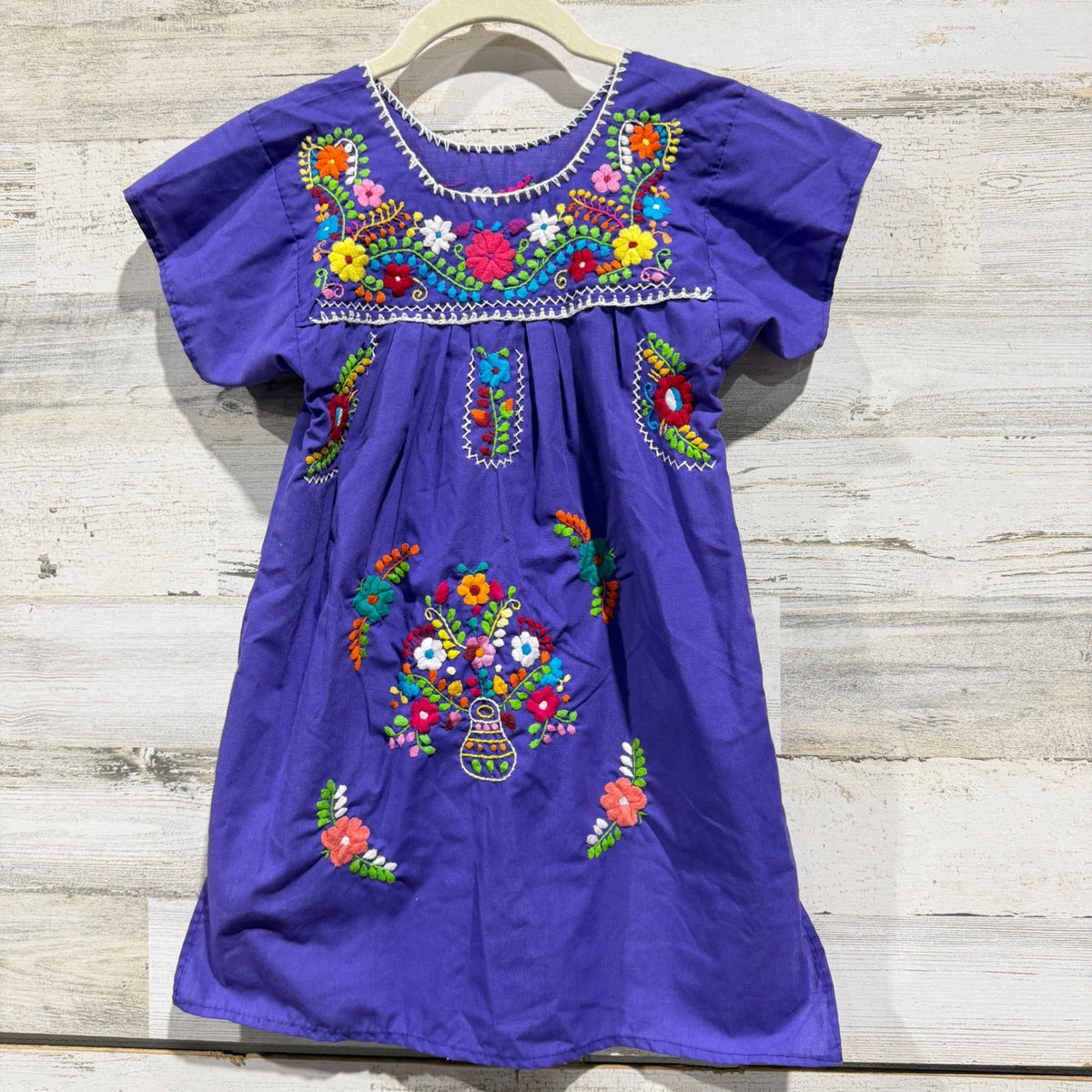 Mexican Folk Art Dress Girls 5-6 Purple Floral Embroidered Boho EUC0