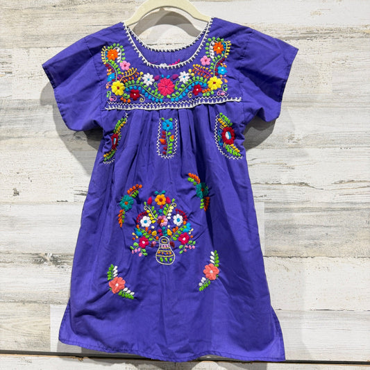 Mexican Folk Art Dress Girls 5-6 Purple Floral Embroidered Boho EUC0