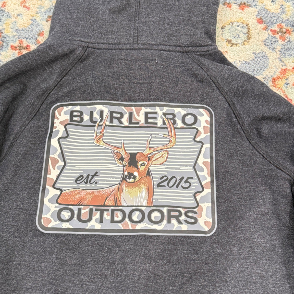 Burlebo Outdoors Hoodie Fits Like Boys 5/6 Gray Deer Graphic Gorpcore EUC6