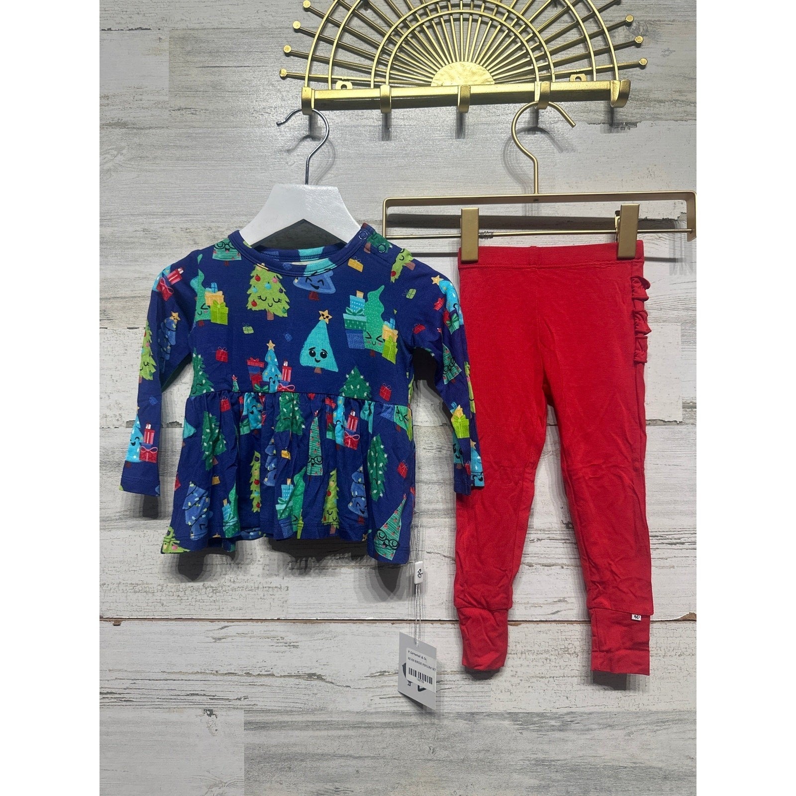 Birdie Bean Peplum Legging Set Girls 6-12M Navy Red Christmas Tree Ruffle NWT0