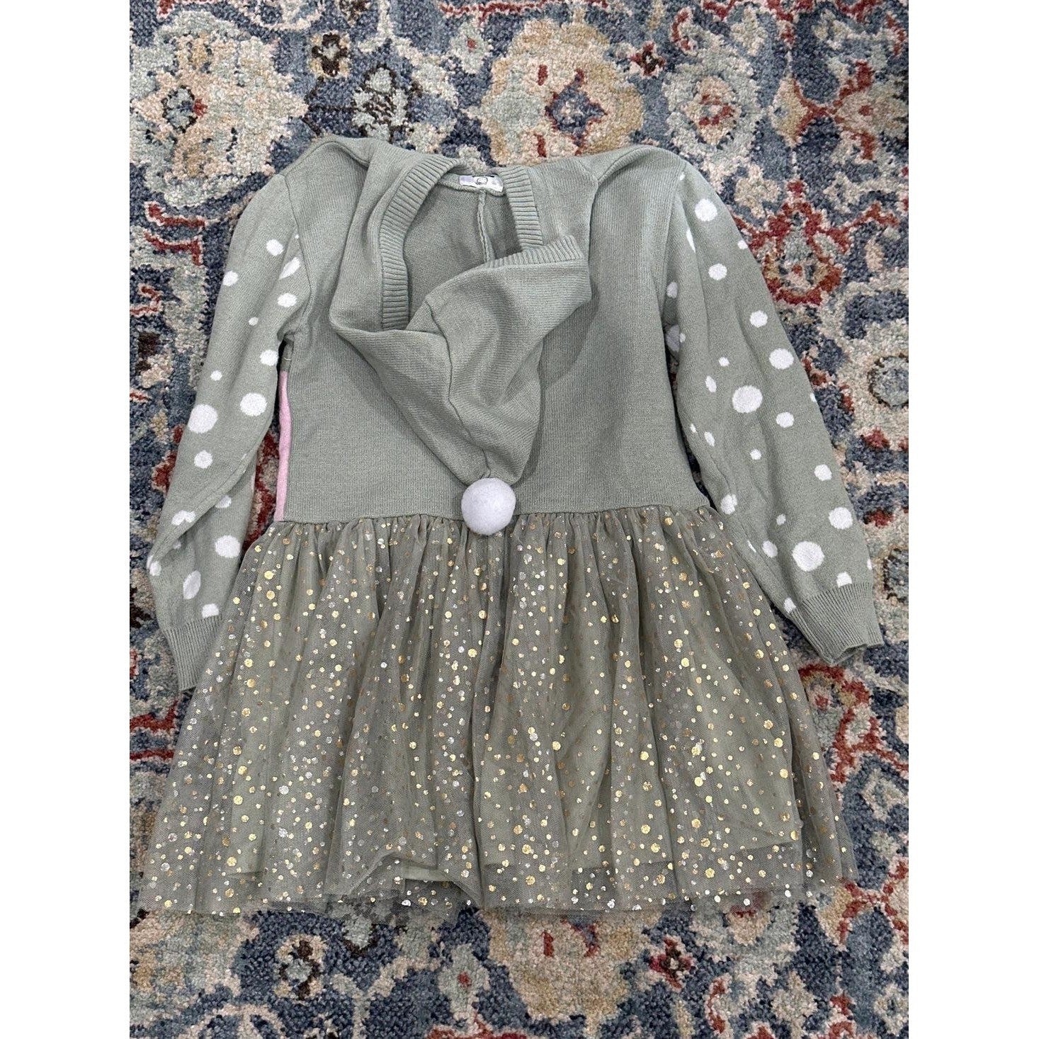 Sanrio Hello Kitty Tutu Dress Girls XS Green Hooded Knit Glitter Stars NWT2