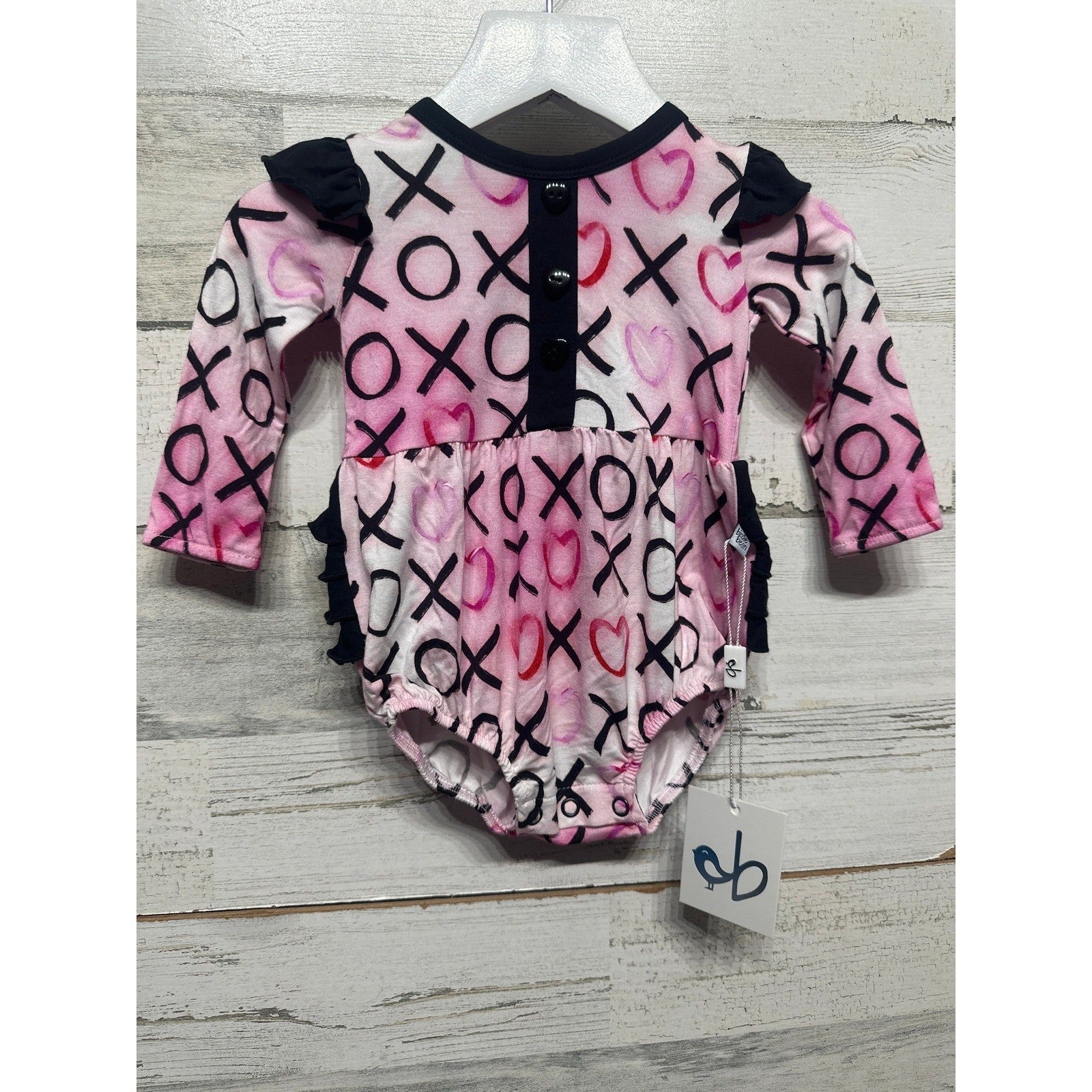 Birdie Bean Romper Baby Girls 0-3m Pink XOXO Heart Ruffle Bamboo NWT0