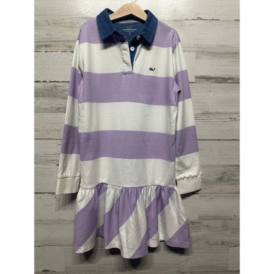 Vineyard Vines Rugby Dress Girls S 8-10 Purple Striped Long Sleeve Ruffle NWT0