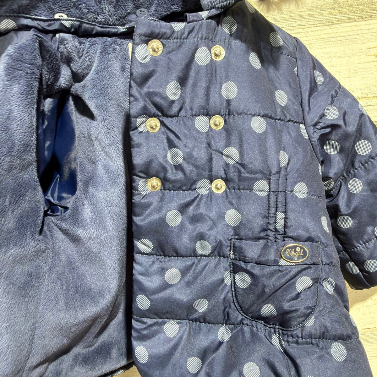 Mayoral Puffer Jacket Girls 2-4M Navy Blue Polka Dot Faux Fur Hood NWT2